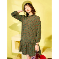 复古圆领波普灯笼袖裙子春装雪纺文艺连衣裙短裙女-717013