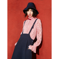 复古文艺撞色领结木耳边上衣春装蕾丝绣花半高领衬衫女-734102