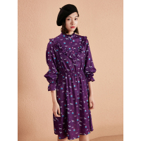 复古春装文艺木耳边趣味图案印花收腰连衣裙中长裙女-737072