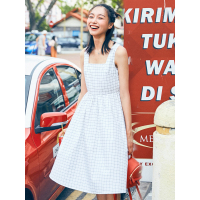 夏装X型文艺清纯棉甜美格子收腰无袖吊带连衣裙女-727172