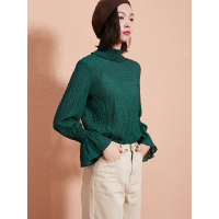 套头休闲打底衫上衣春装纯色复古荷叶边喇叭袖长袖衬衫女-734158