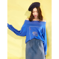 宽松春装一字领刺绣舒适休闲复古百搭卫衣女套头-714080