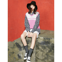 文艺休闲春装条纹衬衫短款毛织背心两件套装女-736011