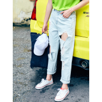 文艺破洞做旧水洗牛仔裤夏装百搭直筒女长裤子-728061