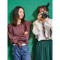 文艺荷叶边上衣春装甜美套头纯色长袖圆领淑女风衬衫女-734050