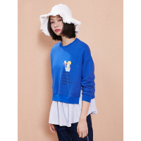 春装宽松文艺撞色拼接荷叶边下摆印花套头卫衣女-734127