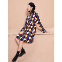 春装文艺复古纹样图案木耳边装饰领花色A型收腰连衣裙女-737065