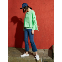 春装松紧腰微喇叭裤脚口毛边牛仔裤女九分裤子-738008