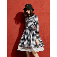 春装甜美文艺蕾丝拼接碎褶娃娃领格子连衣裙女短裙子-737094