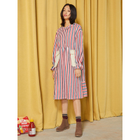 森宿春装H型文艺木耳边装饰口袋条纹连衣裙女中裙子-747029