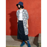 甜美春装文艺印花条纹翻领纽扣衬衫连衣裙中裙子女-737037