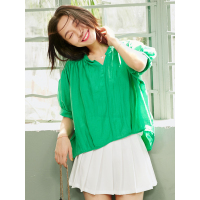 短袖休闲套头衬衣韩范夏装文艺小立领前短后长百搭衬衫女-724082