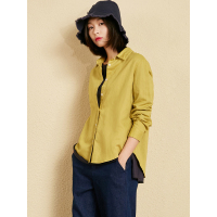 简约棉长袖衬衣春装文艺纯色POLO翻领直筒显瘦衬衫女-744032