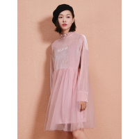 网纱拼接内搭春装2017文艺木耳边长袖装饰连衣裙女-737069