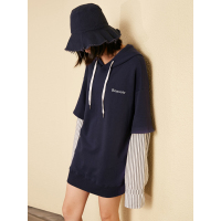 中长款休闲上衣春装假两件拼接袖抽绳连帽卫衣女-734183