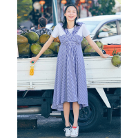 中长款条纹裙子夏装纯棉文艺范甜美高腰吊带连衣裙女-727154
