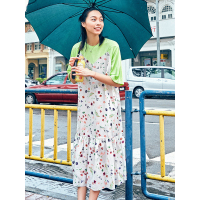 文艺拼接荷叶边连衣裙夏装2017新款五分袖碎花女中长裙子-727168