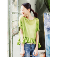 文艺前短后长荷叶边下摆复古上衣夏装雪纺衫短袖女-724074