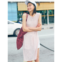 文艺日系圆领无袖连衣裙夏装H型条纹甜美少女中裙子-727157