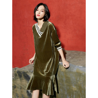 春装H型不对称V领荷叶边裙子学院风长袖丝绒连衣裙女-737031