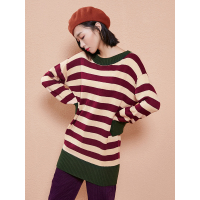 春装宽松文艺撞色条纹直筒裙圆领毛织连衣裙短裙女-737083