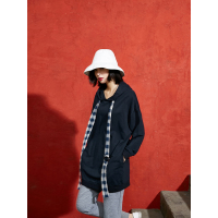 春装宽松显瘦格纹织带连帽学院套头卫衣女中长款-734029