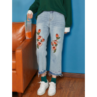 森宿九分直筒裤春装文艺花卉刺绣破洞牛仔裤女-748021