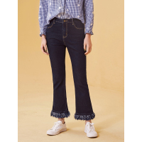 森宿百搭微喇长裤春装文艺脚口流苏修身牛仔裤女-748015