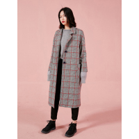 直筒呢大衣冬2017文艺撞色呢大衣格纹口袋毛呢外套女-742028
