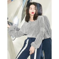 短款打底衫春秋装文艺chic修身闪光丝上衣复古灯笼袖T恤女-714101