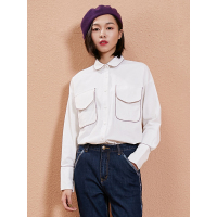 文艺学院风衬衣春装口袋彩色嵌条装饰休闲长袖棉衬衫女-734157