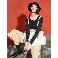 春装蕾丝系带V领打底衫显瘦修身长袖套头针织衫女-739037