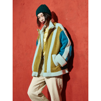 冬装复古拼接半高领羊羔毛棉衣外套直筒棉服女-732034