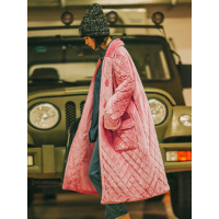 冬装宽松纯色文艺棉衣柔软菱形格丝绒长款棉服女-732059