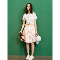 印花条纹A字裙夏装文艺学院风休闲木耳边百搭抽绳半身裙女-727108