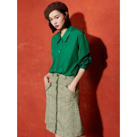 复古格子A字裙春装文艺休闲ins纯色口袋自然腰半身裙子女-737036