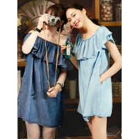 夏装女文艺两穿荷叶边短袖一字领中腰连衣裙短裙女-727076