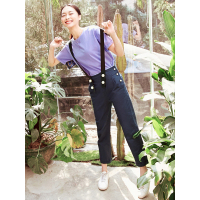 夏装女新款文艺棉麻长裤复古珍珠扣背带裤休闲裤-728002