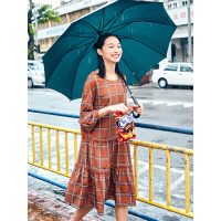 夏装甜美田园A型文艺木耳边格纹连衣裙女中长裙子-727182