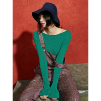 文艺修身纯色打底衫春装一字领上衣喇叭袖T恤女中长款女-734052