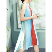 文艺拼接宽松A字无袖连衣裙夏装印花复古条纹女中裙子-727110