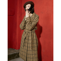 文艺范长款呢大衣冬复古格子翻领休闲毛呢外套女-732042