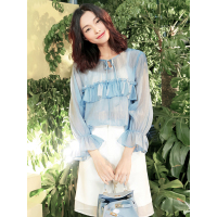 文艺荷叶边淑女风衬衣春装系带宽松九分袖套头衬衫女-714028