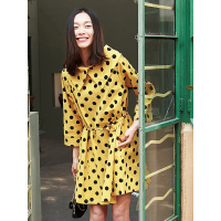 春装复古H型波点七分插肩袖套头连衣裙女中腰短裙-717069