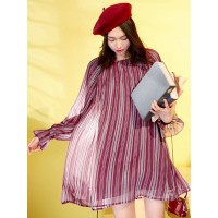 春装女2017新文艺宽松圆领荷叶袖连衣裙女短裙-717047