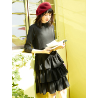 春装女七分袖荷叶边蛋糕裙子纯色小高领修身连衣裙中裙女-717028