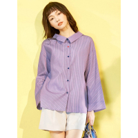 春装女落肩衬衣宽松条纹长袖衬衫女中长款-714041