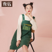 春装文艺休闲撞色立体大口袋宽松背带连衣裙女-737063