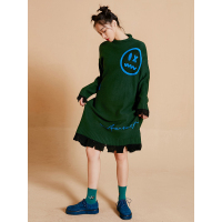 春装文艺小高领笑脸印花马海毛破洞针织连衣裙中长裙女-737061