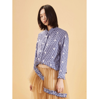 森宿学院格子长袖上衣春装文艺木耳边满天星格纹衬衫女-744039